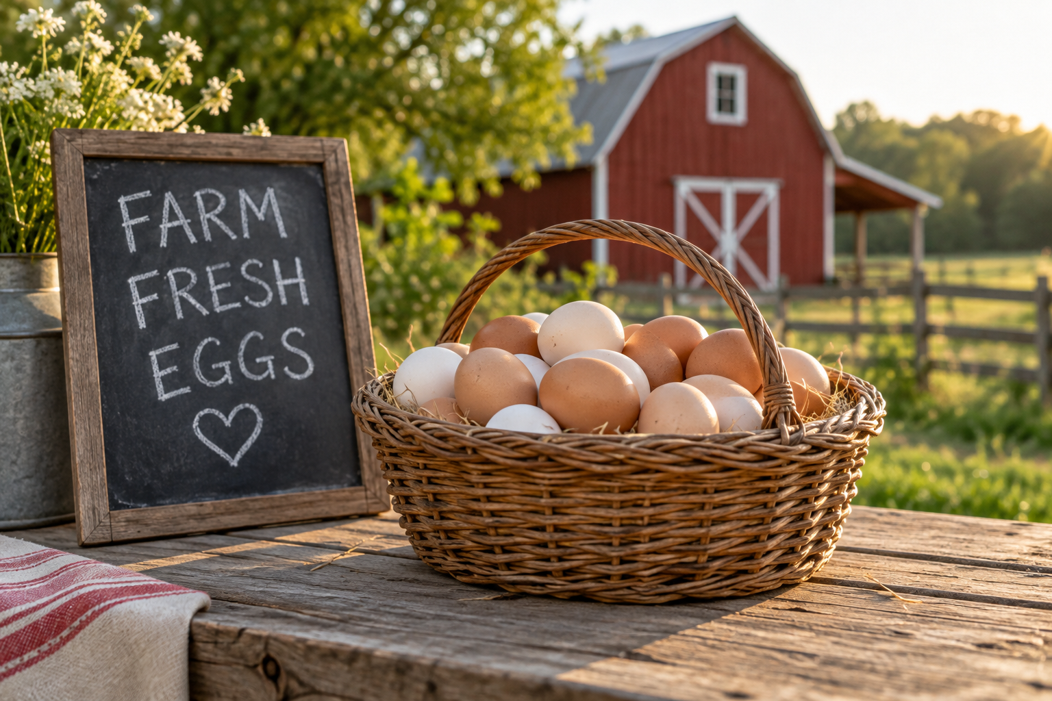 Basket of brown and white eggs at a farm stand with a red barn behind it