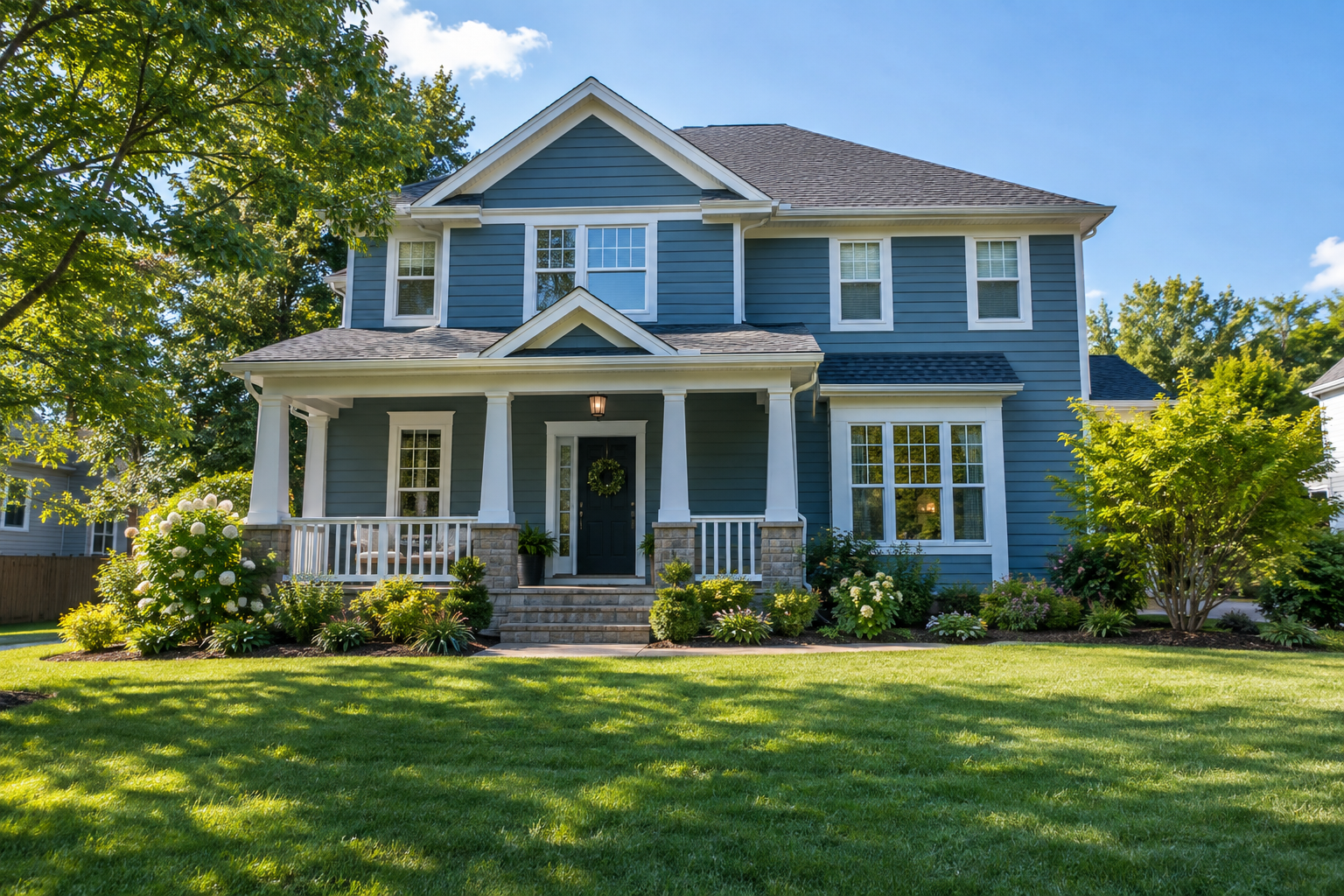Blue first home with a sunny front porch