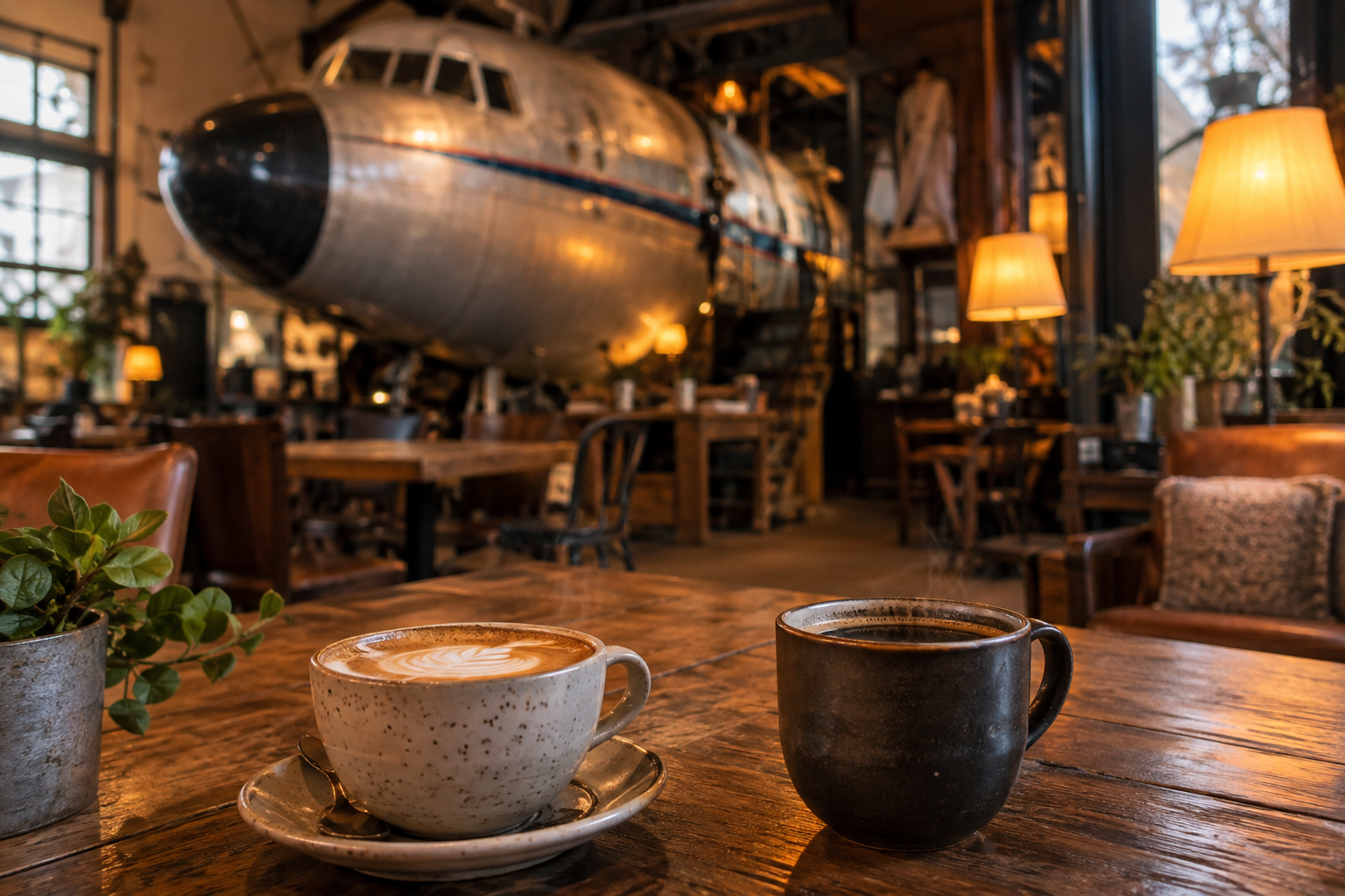 Coffee in a café with a vintage airplane display