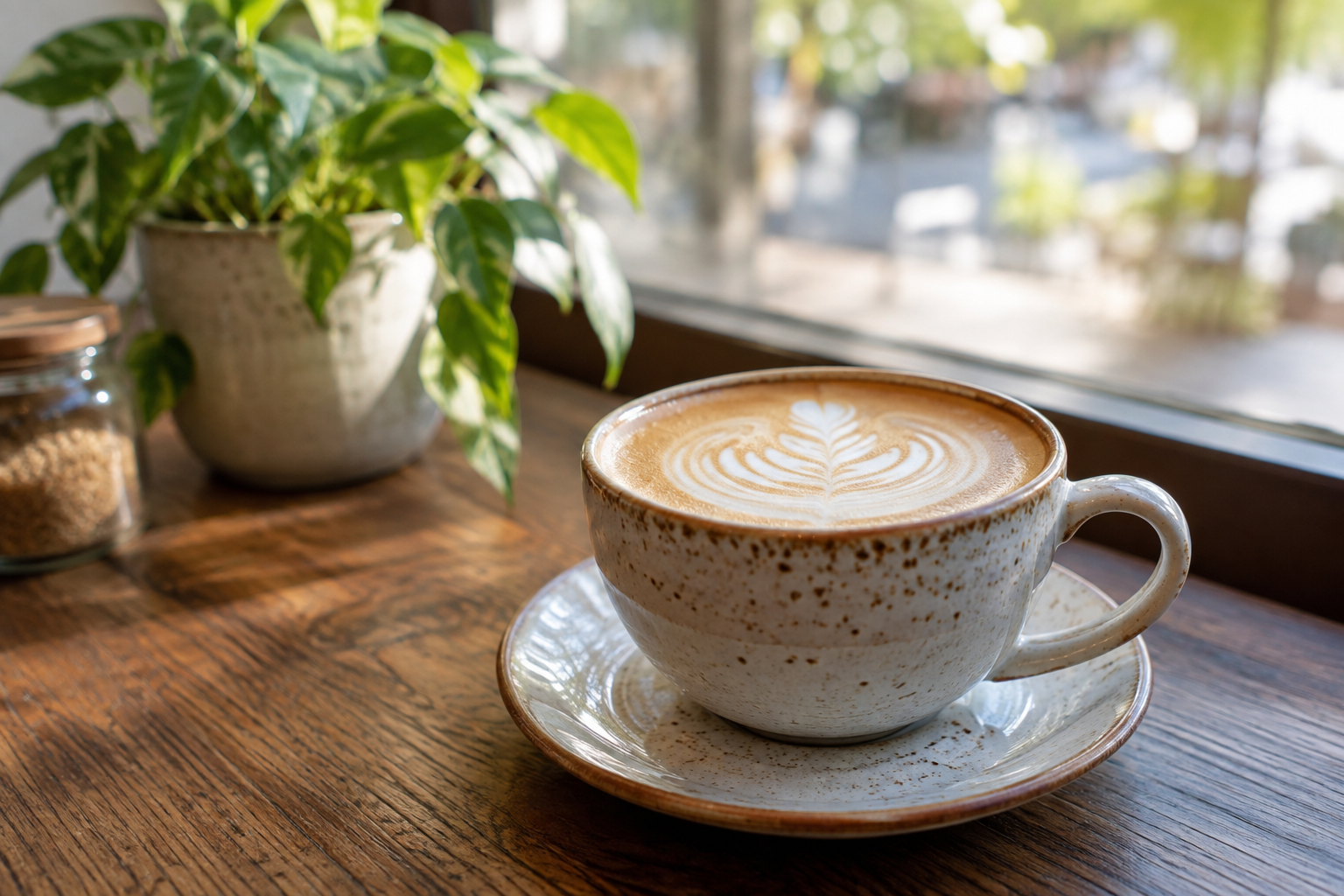 A latte on a café table by the window