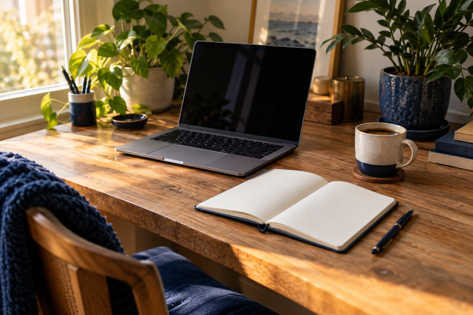 A notebook and laptop on a warm creative workspace