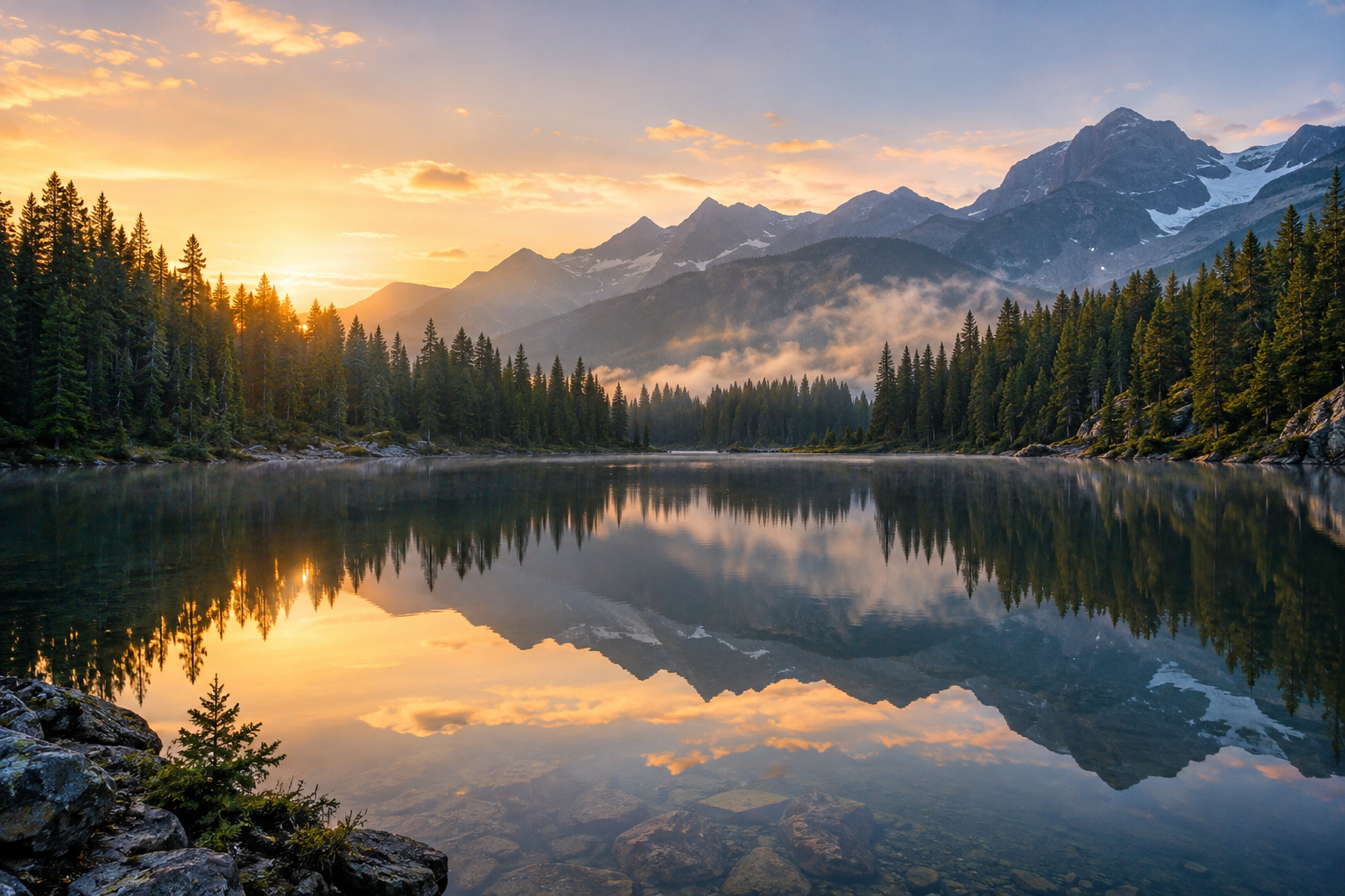 Mountain lake reflecting the peaks at sunrise